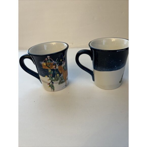 Pair Hand Painted Collectible ND Ceramic Christmas Coffee Mug  Reindeer Snowman - Picture 7 of 8